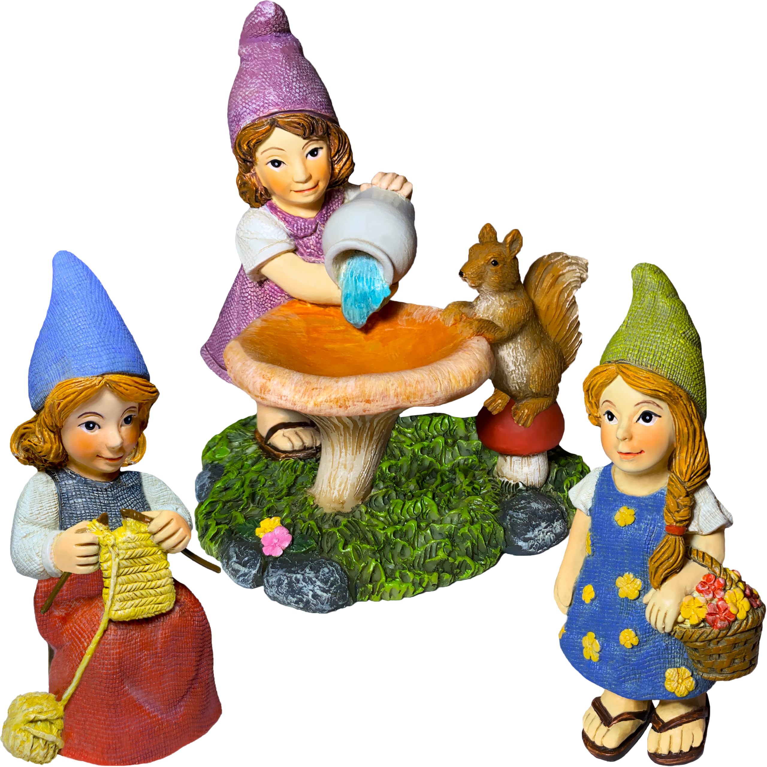 Mood Lab Garden Gnome Figurines - Lady Gnomes Set (3 pcs) - 3.5" H Miniature Decorative Statues & Accessories - Outdoor & Indoor Garden Decor