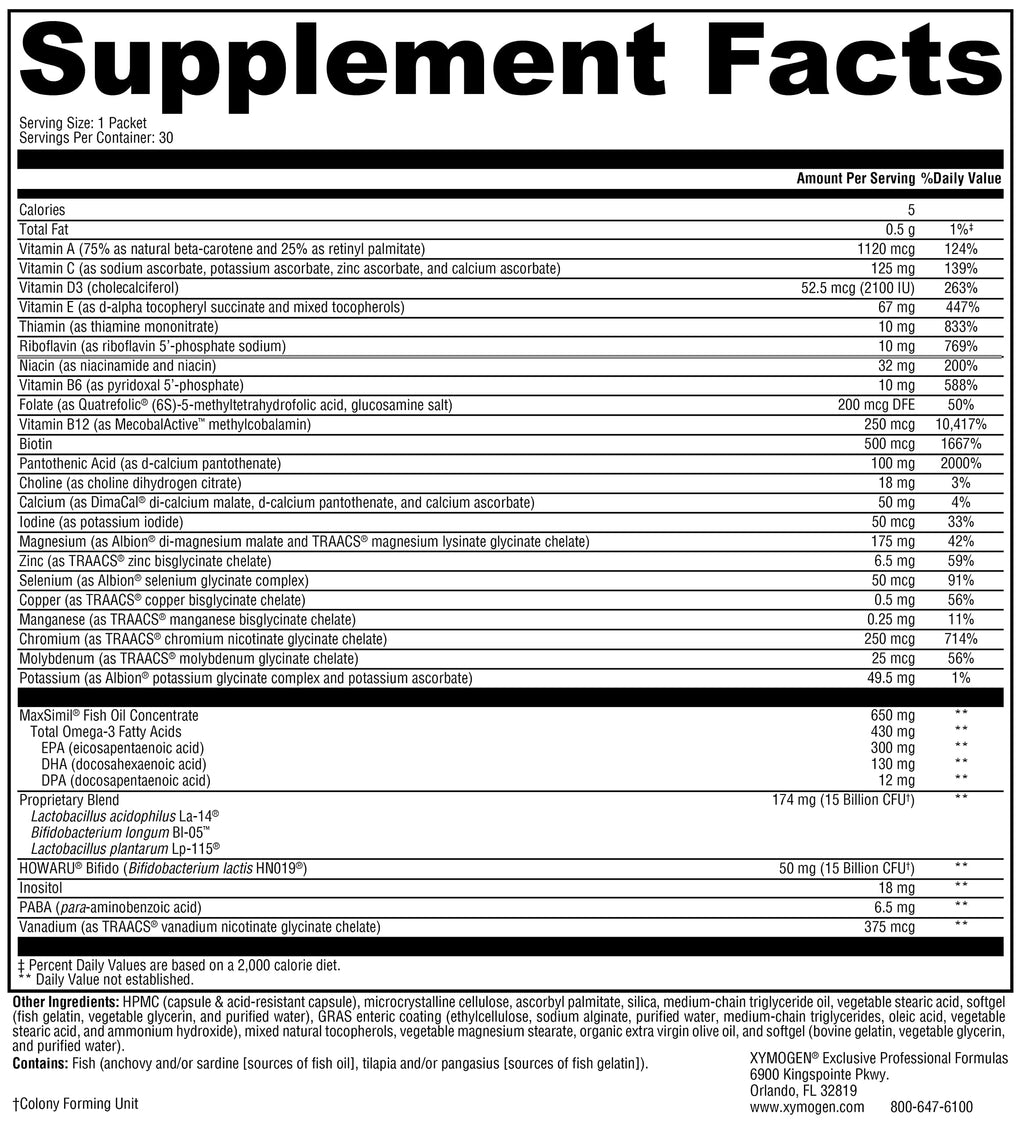 XYMOGEN Foundation Essentials - Daily Supplement Packets for Overall Health - Fish Oil, Magnesium & Probiotics - Travel-Friendly - Gluten-Free & Non-GMO - 30 Packets