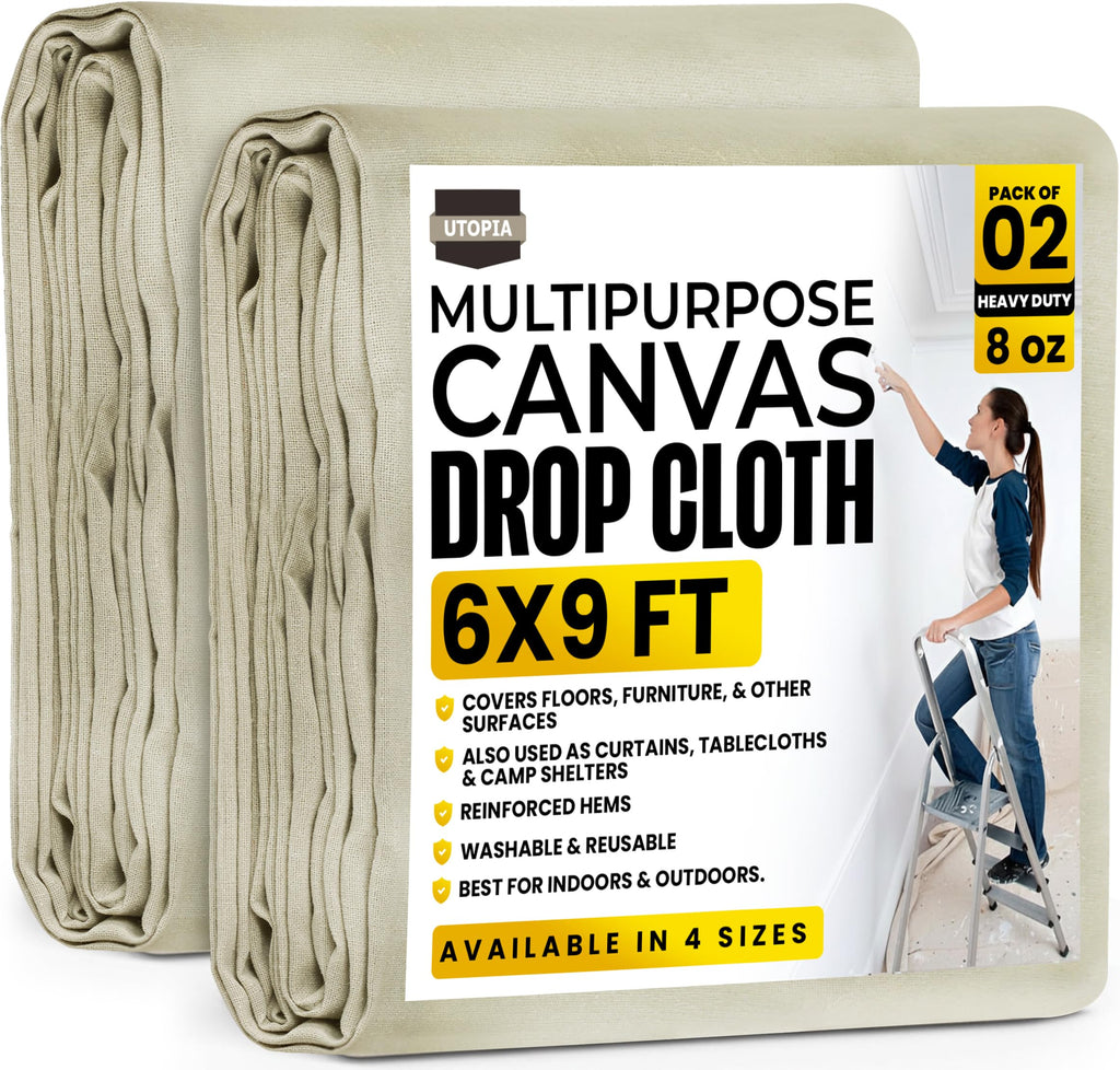 Utopia Drop Cloth (6x9 ft, 2 Pack) Washable and Reusable Drop Cloth for Painting, Furniture & Floor Protection Highly Absorbent Painting Tarp - Canvas Drop Cloth for Outdoor and Indoor Use
