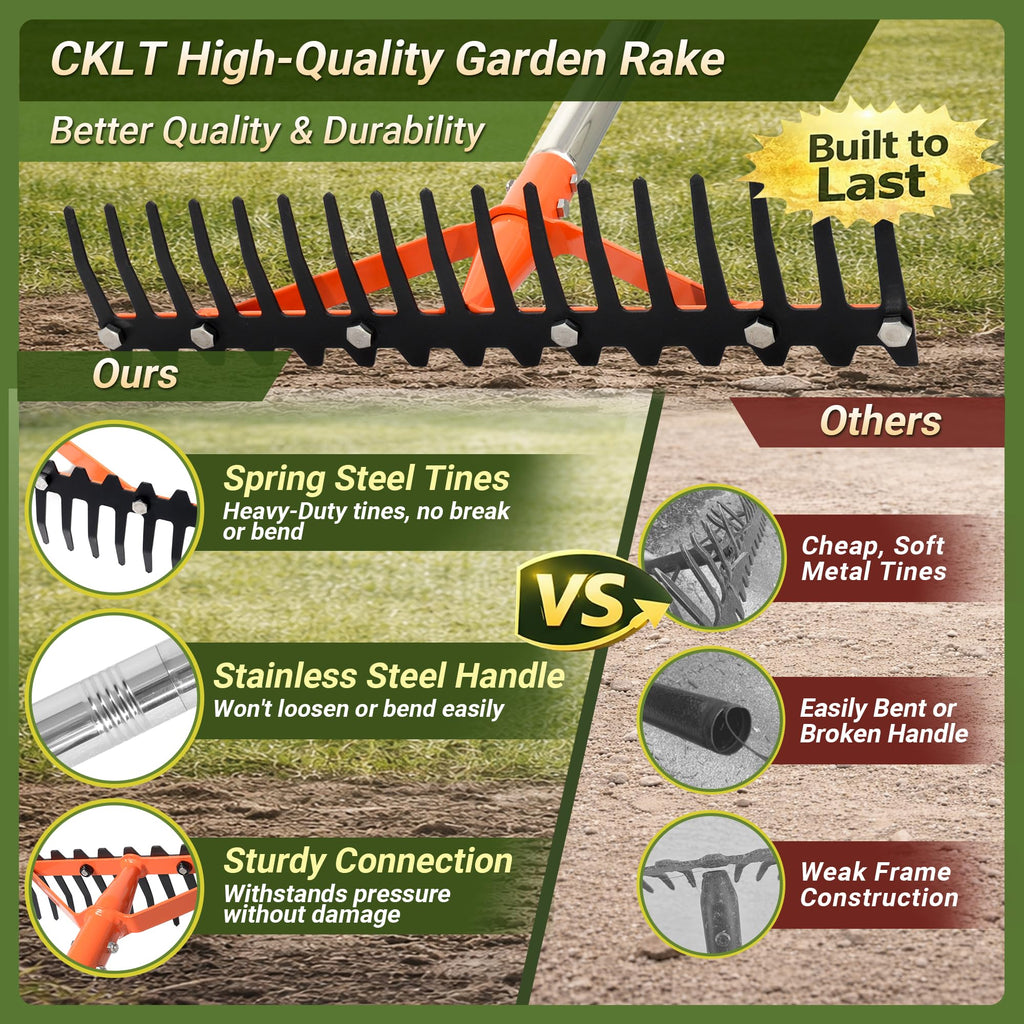 CKLT 62 Inch Garden Rake with 17 Tempered Spring Steel Tines