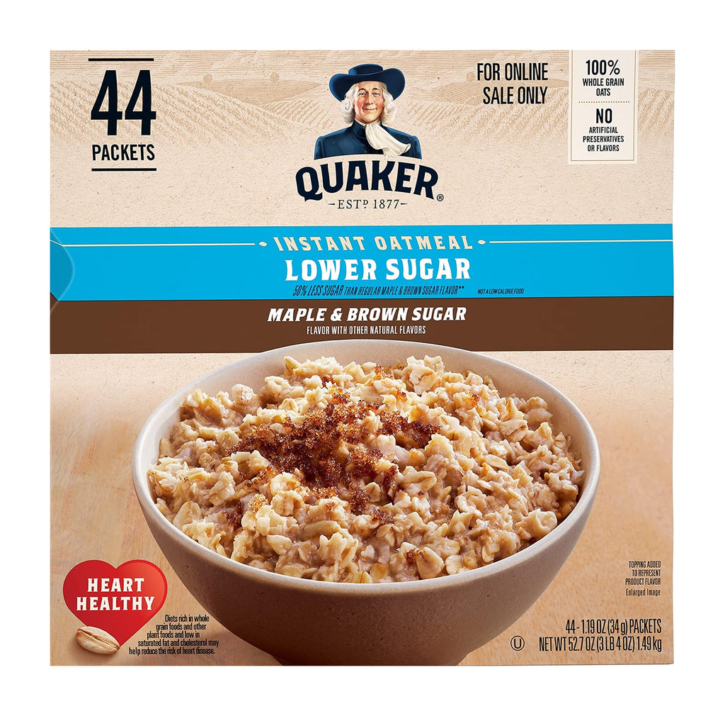 Quaker Instant Oatmeal Lower Sugar, Maple & Brown Sugar, 1.19 Oz, Pack of 44