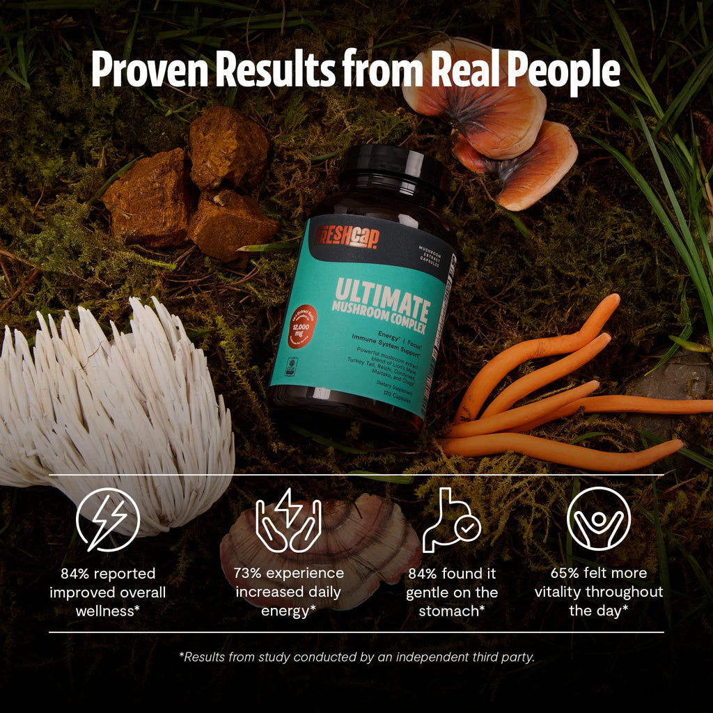 FreshCap Mushrooms Premium Organic Ultimate Mushroom Supplement - 12:1 Fruiting Body Extract with 29% Beta-Glucans - 3rd-Party Tested Nootropic for Energy, Focus & Immune Support (120 Capsules)