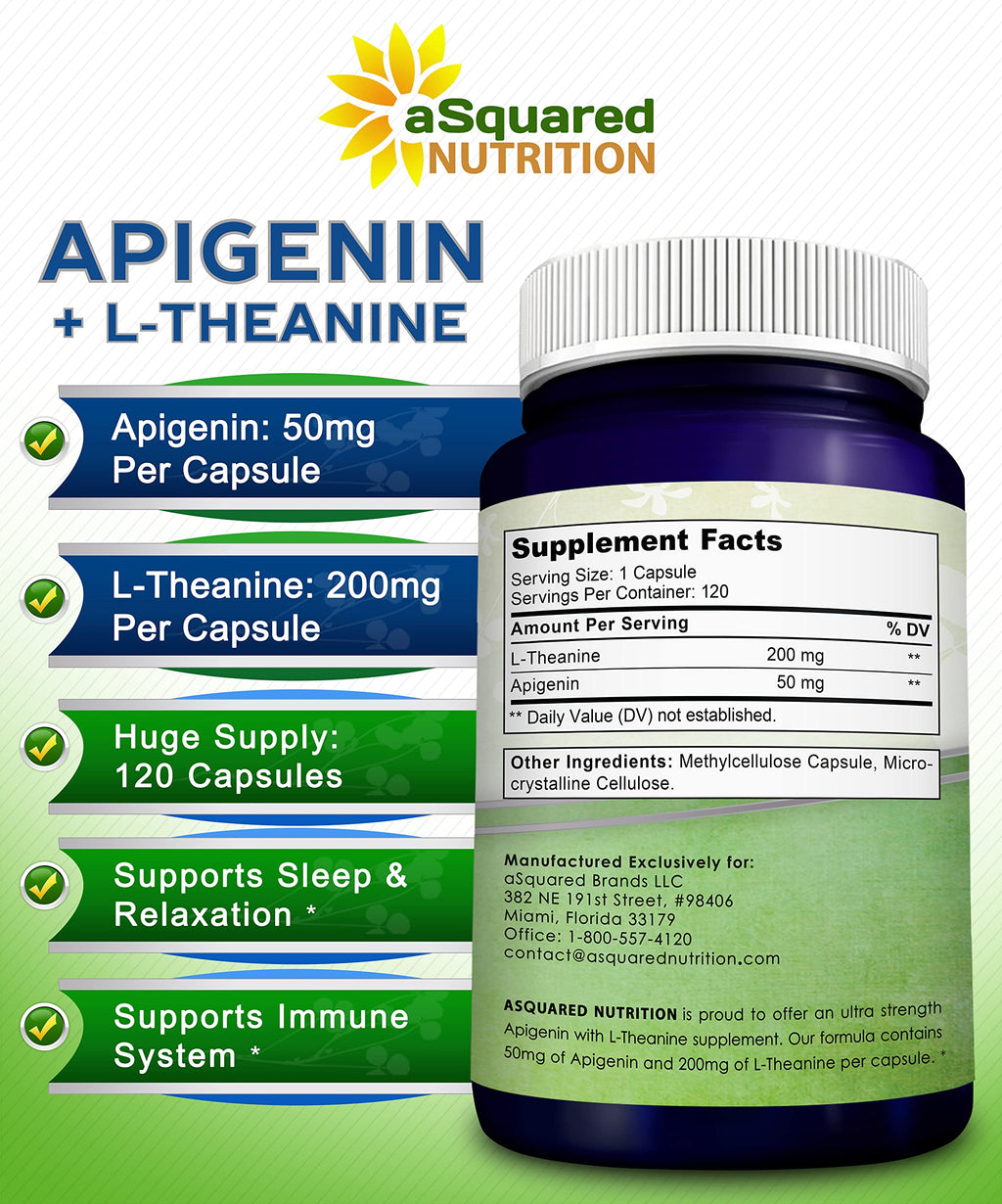 aSquared Nutrition Apigenin 50mg & L-Theanine 200mg - 120 Capsules - Apigenin Supplement Pills for Sleep and Relaxation - Natural Bioflavonoid Extract Found in Chamomile Tea