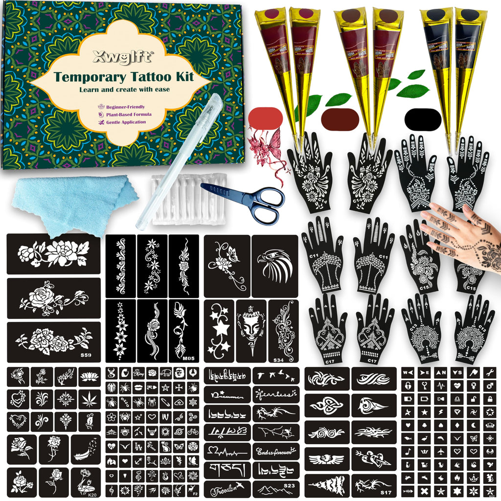 XWGLFT 191 Pcs Temporary Tattoo Stencils Kit, 6 Cones (2Black,2Brown,2Red)