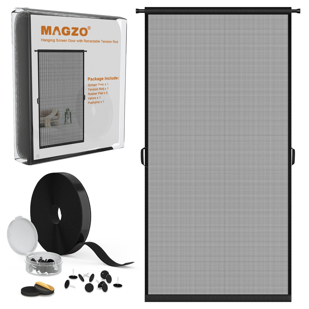MAGZO Hanging Screen Door Curtain, Fits Door Size 32" x 80" (Mesh Size 34'' x 81''), Durable Fiberglass with Tension Rod and Hook&Loop (One Piece Can be Installed in 2 Ways), Weighted Bottom, Grey