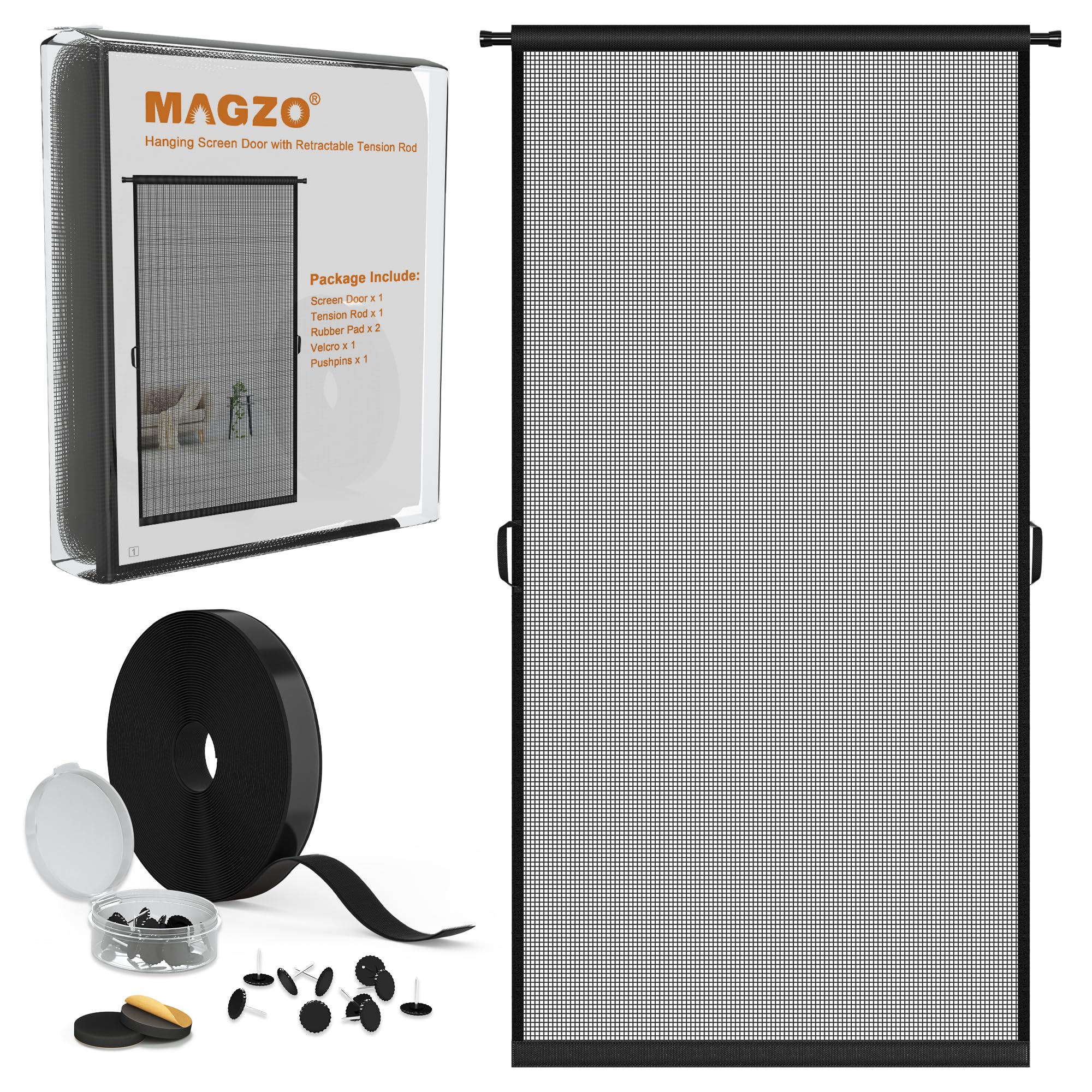 MAGZO Hanging Screen Door Curtain, Fits Door Size 32" x 80" (Mesh Size 34'' x 81''), Durable Fiberglass with Tension Rod and Hook&Loop (One Piece Can be Installed in 2 Ways), Weighted Bottom, Grey