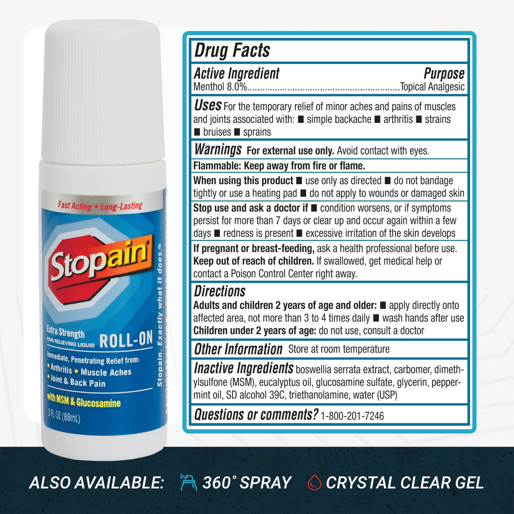 Stopain Pain Relief Roll On Gel 3oz (3 Pack) USA Made, Max Strength Fast Acting with MSM, Glucosamine, Menthol for Lower Back, Knee, Neck, HSA FSA Approved Topical Analgesic Products