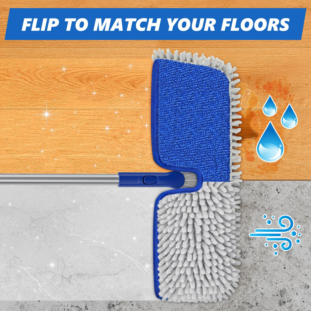 Enspoway 2-Sided Microfiber Dust Mop: Dry Flat Wall Mop for Hardwood Floors with 3 Reusable Pads Reversible Head for Apartment Kitchen Tile Laminate Pet Hair Cleaning