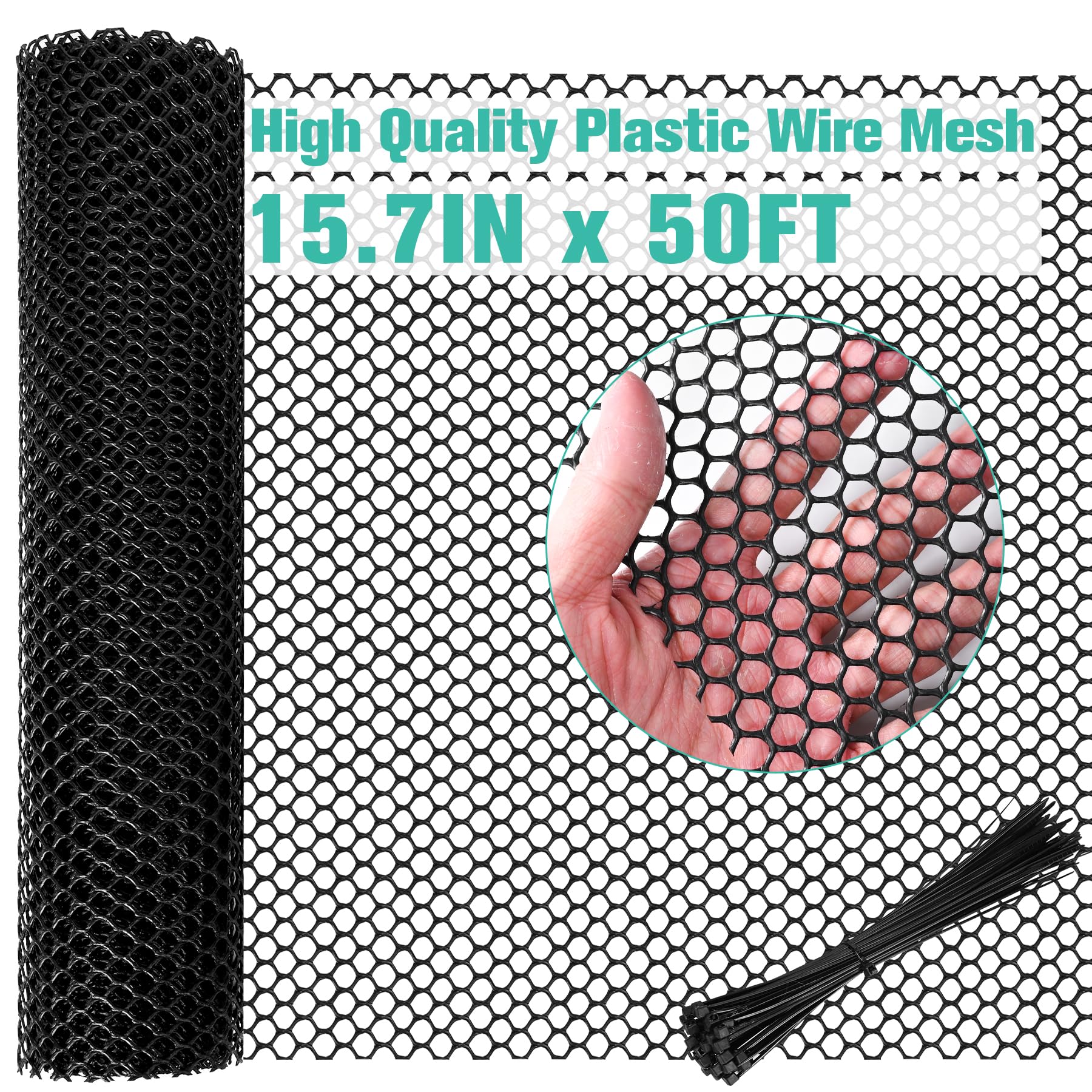 Plastic Mesh Fence Sheet 15.7IN x 50FT - 0.3IN Opening Plastic Chicken Wire Netting Roll Durable for Dogs, Poultry, Puppy, Garden Snake Barrier with 50 Pcs Zip Ties - Black