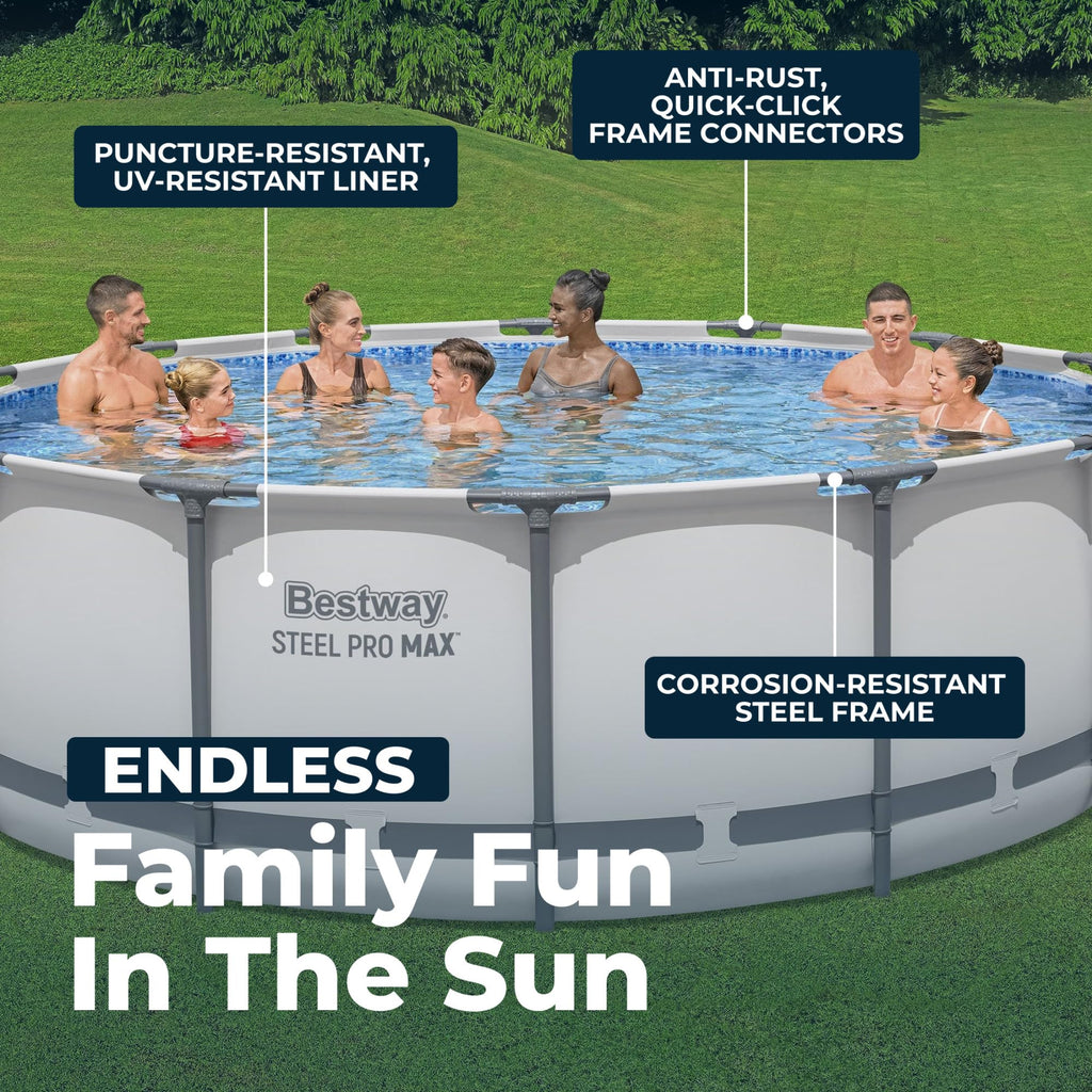 Bestway Steel Pro MAX 14' x 48" Above Ground Pool, Round Metal Frame Outdoor Swimming Pool Set with Filter Pump, Ladder, and Cover, Gray