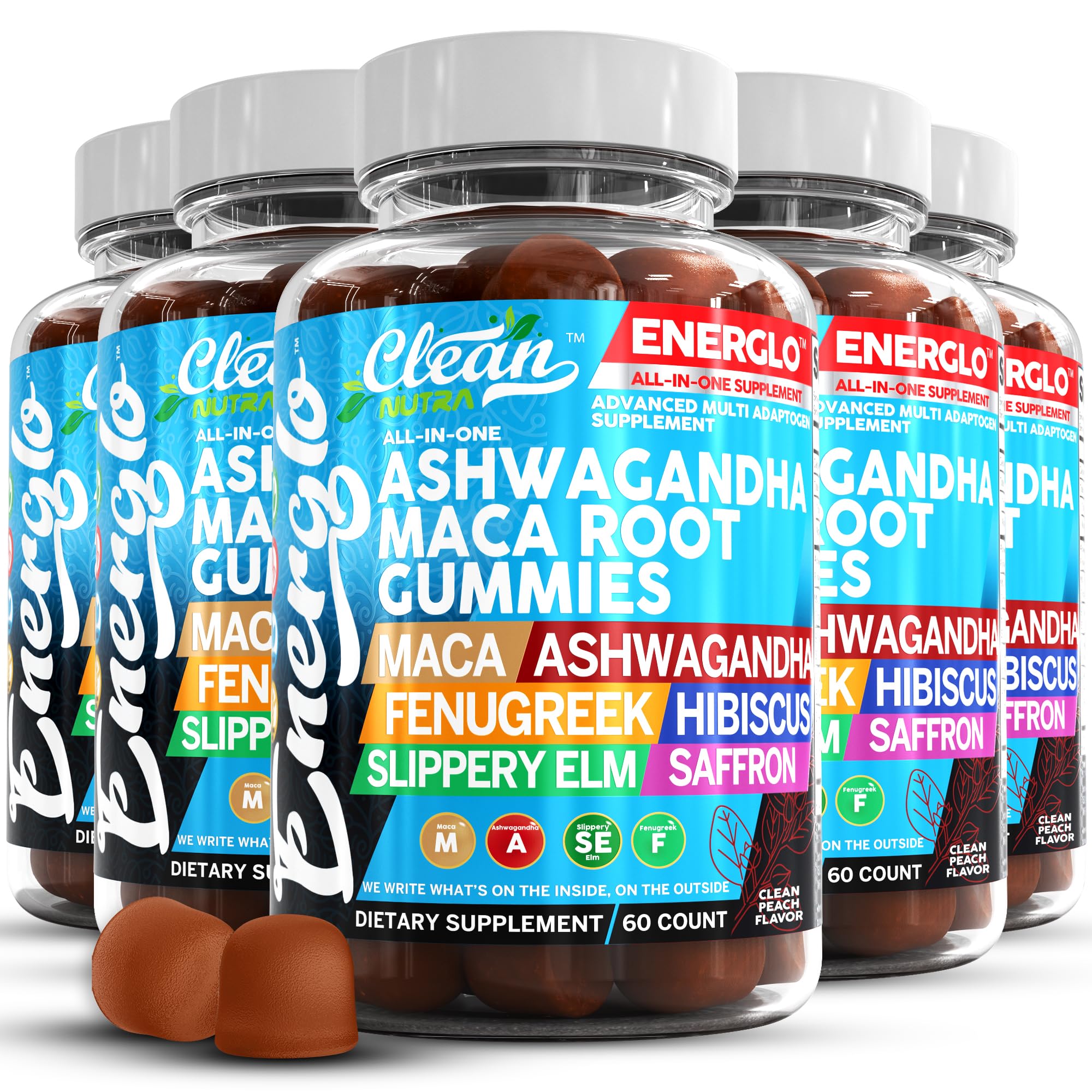 Ashwagandha Maca Root Gummies with Fenugreek Hibiscus Slippery Elm Saffron Extract & Beta Carotene | Peach Flavor Vegan Gummy Vitamins Adaptogen Cortisol Supplement Energlo by Clean Nutra (5)