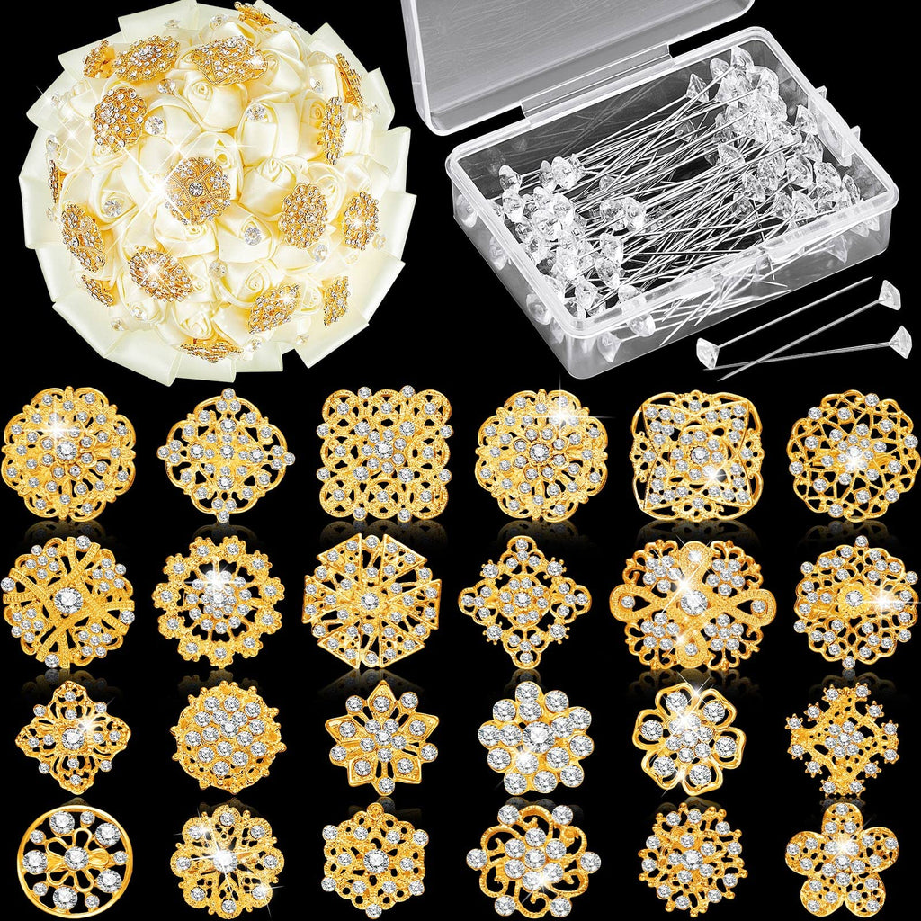 Kigeli 124 Pcs Rhinestone Bouquet Brooches Pins for Bridal Wedding,Gold