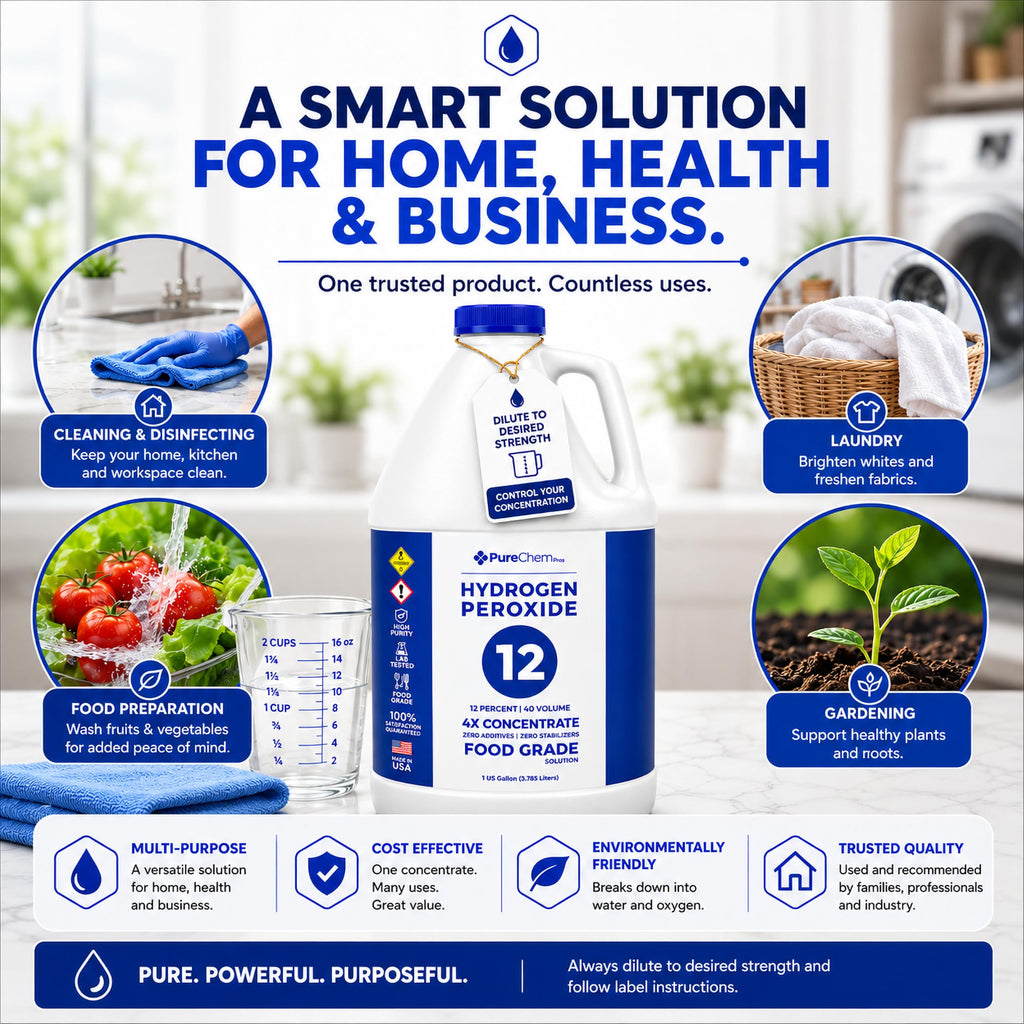 12% Concentrated Food Grade Hydrogen Peroxide (4 Gallons) - Cleaning Solution for Home, Laundry, Bath, Garden and More - derived from 35% Food Grade Hydrogen Peroxide
