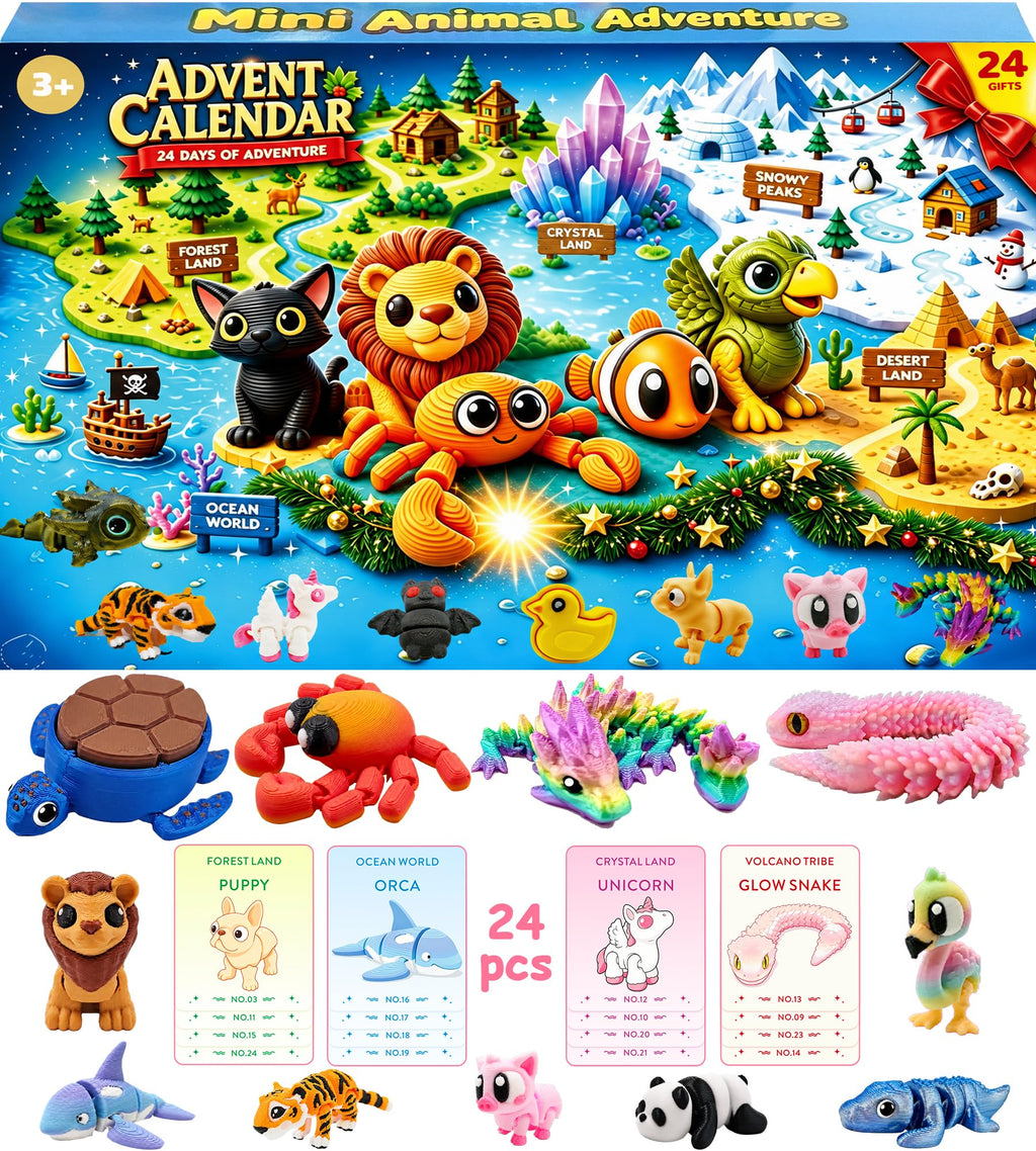 Advent Calendar 2026 for Kids - Countdown Calendar with 24 Days 3D-Printed-Animals Toy Gifts for Kids Boys Girls