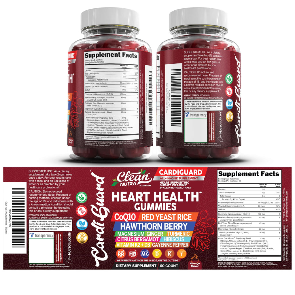 Clean Nutraceuticals Coq10 Gummies | Red Yeast Rice Hawthorn Berry Ginger Turmeric Citrus Bergamot Hibiscus Vitamin K2+D3 Magnesium Glycinate Cayenne Pepper Fenugreek Orange Flavor CardiGuard