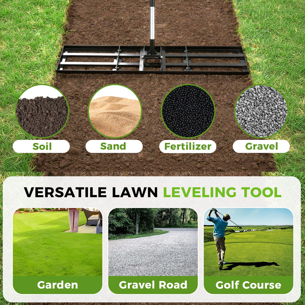 Lawn Leveling Rake, 45"x10" Stainless Steel Lawn Leveler with 76" Adjustable Handle, Heavy-Duty Yard Leveling Rake for Garden, Golf Course, Farm, Pasture, Professional Lawn Care Tool