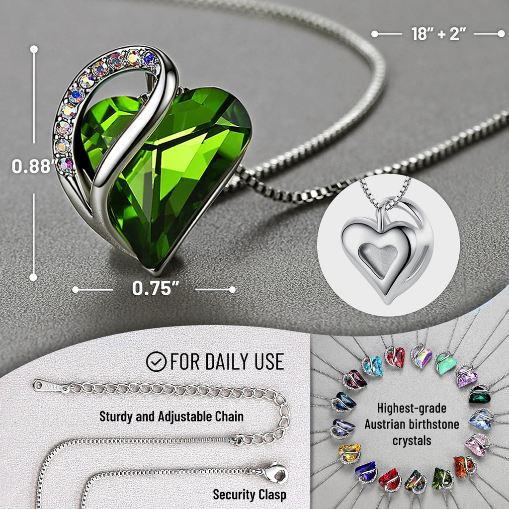 Leafael Gift Necklaces for Women, Infinity Love Birthstone Heart Pendant, Peridot Green Crystal for August, Birthday Jewelry for Her, Mom, and Wife, Silver Plated, 18" + 2" Chain