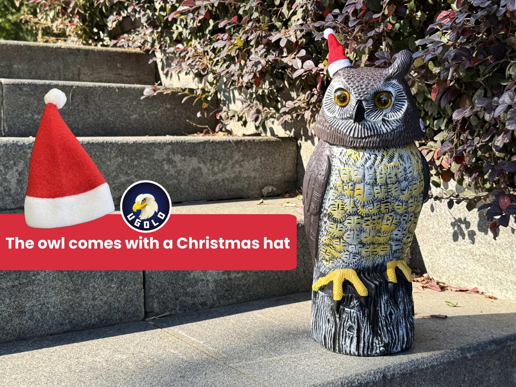 Ugold Solar Powered Owl, Motion Detection, Rotating Head, Realistic Hoots and Silent Mode, Outdoor Statue, Sculpture, Owl Decoration with a Christmas Hat for Home, Garden, Patio and Lawn