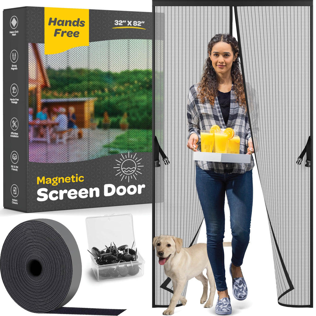 Hands-Free Magnetic Screen Door, Heavy Duty, Self Sealing Screen Door Mesh Protector, Pet and Kid-Friendly, Stay-Open Buckle, Keeps Bugs Out While Letting Nature in, Fits Door Size (32" x 82")