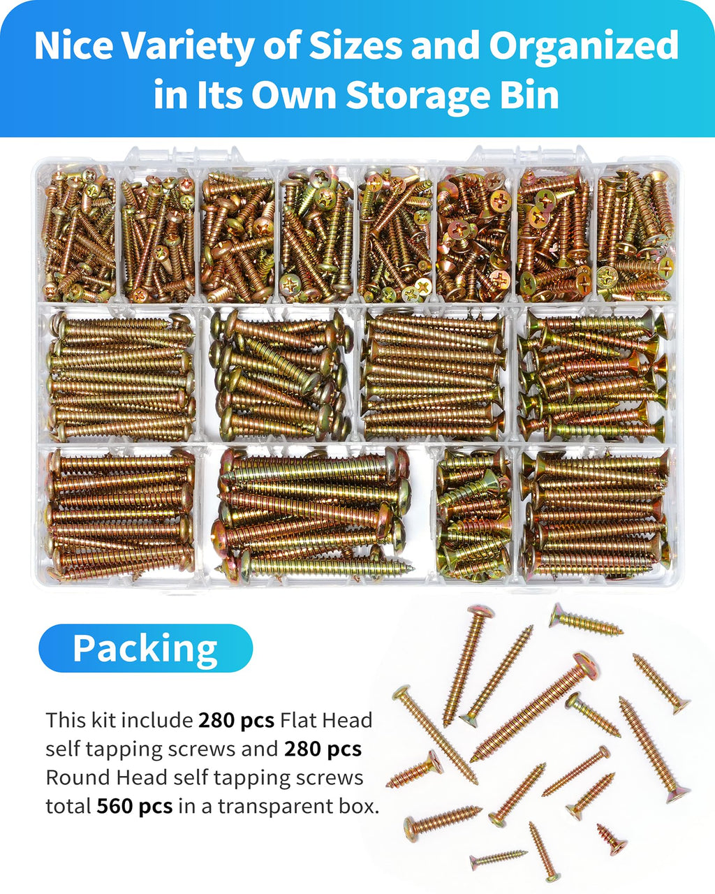 DIVANC 560Pcs 304 Stainless Steel Zinc Plated Self Tapping Screws Assortment Set, M3/M4/M5/M6 Flat Head & Round Head Self Tapping Screws Assortment Set, Phillips Drive Wood Screw Assortment Kit (Gold)