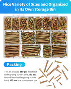 DIVANC 560Pcs 304 Stainless Steel Zinc Plated Self Tapping Screws Assortment Set, M3/M4/M5/M6 Flat Head & Round Head Self Tapping Screws Assortment Set, Phillips Drive Wood Screw Assortment Kit (Gold)