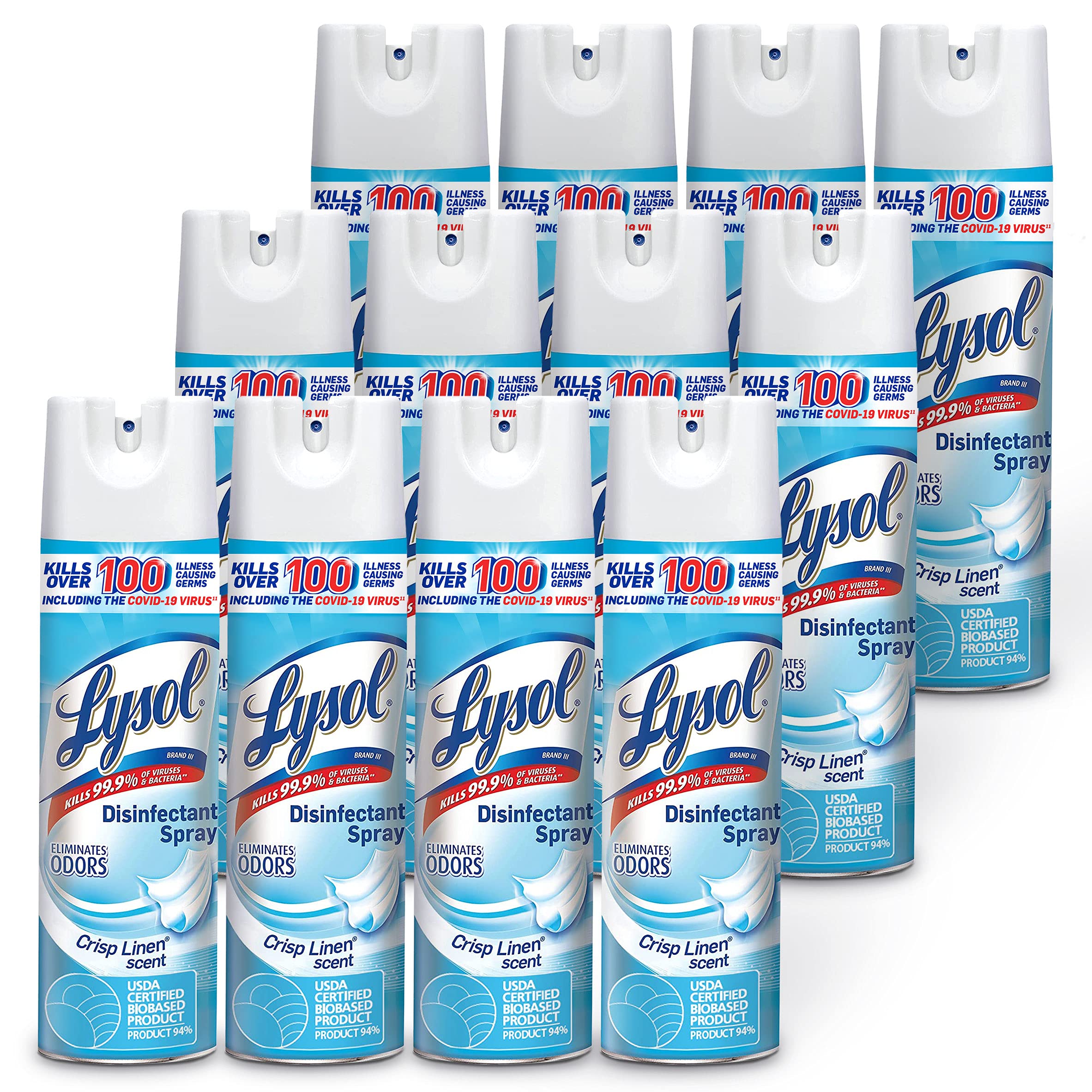 Lysol Disinfectant Spray, Household Essential Cleaning Supplies, Multi-Purpose Room Spray, Antibacterial Sanitizer Spray, Upholstery Deodorizer, Home and Bathroom, Crisp Linen,19 Fl Oz (Pack of 12)