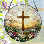 8 Inch Stained Glass Cross and Wildflowers Suncatcher Christian Stained Glass Windows Hanging Flower Cross Gift for Religious Easter Faith Christian Gifts Religious Home Decor