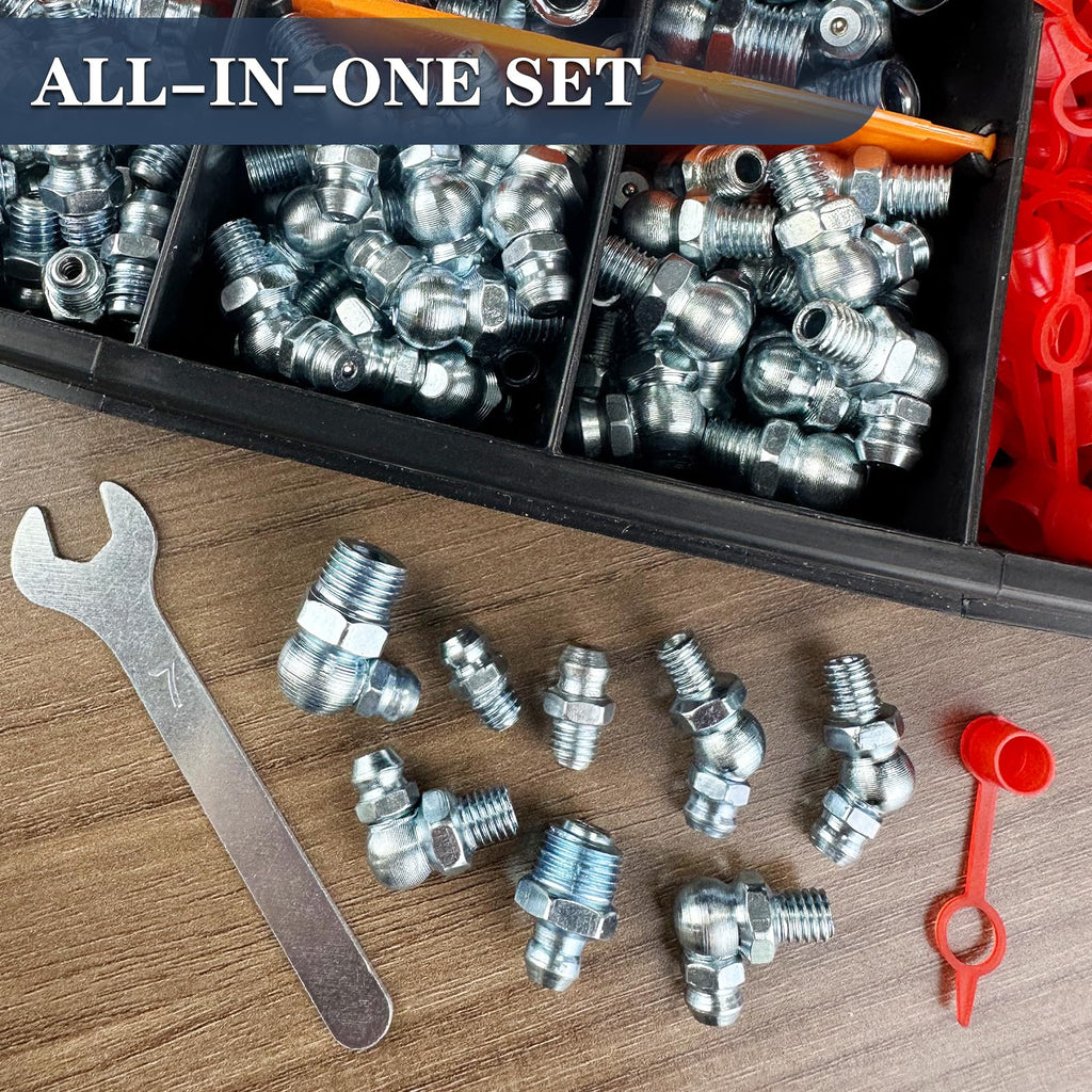 PAIGOIN Grease Fittings Kit, 405Pcs SAE & Metric Grease Fitting Assortment, NPT 1/4" 1/8" M6 M8 M10 Straight 45 90 Degree Grease Zerk Fittings with Caps and Wrench Kit(7-11Mm) for Grease Gun