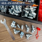 PAIGOIN Grease Fittings Kit, 405Pcs SAE & Metric Grease Fitting Assortment, NPT 1/4" 1/8" M6 M8 M10 Straight 45 90 Degree Grease Zerk Fittings with Caps and Wrench Kit(7-11Mm) for Grease Gun