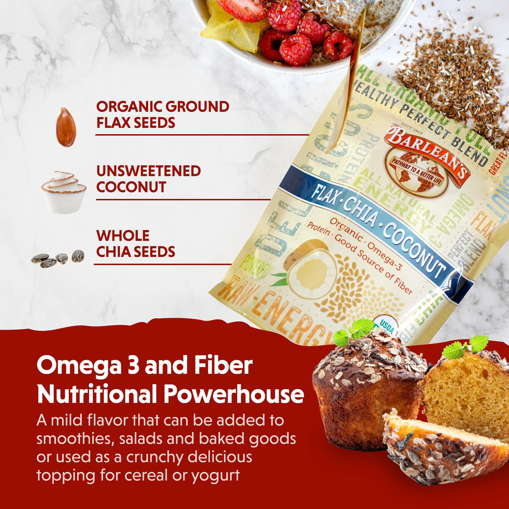 Barlean's Organic Flax Chia Coconut Seed Blend with 2,330 mg Omega 3 Fatty Acids, Fiber Supplement with Whole Chia Seeds and Ground Flaxseed, 12 oz, 2 Pack