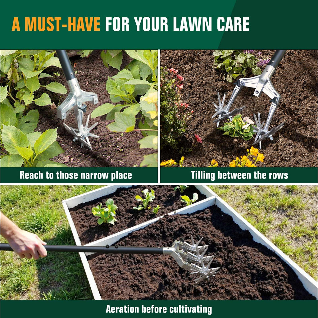 Altdorff Rotary Cultivator Garden Tool for Gardening and Lawn(61''), Rotary Hand Tiller with Detachable Thicker Tines&Sturdy Steel Handle, Manual Tiller Cultivator for Soil or Reseeding Grass