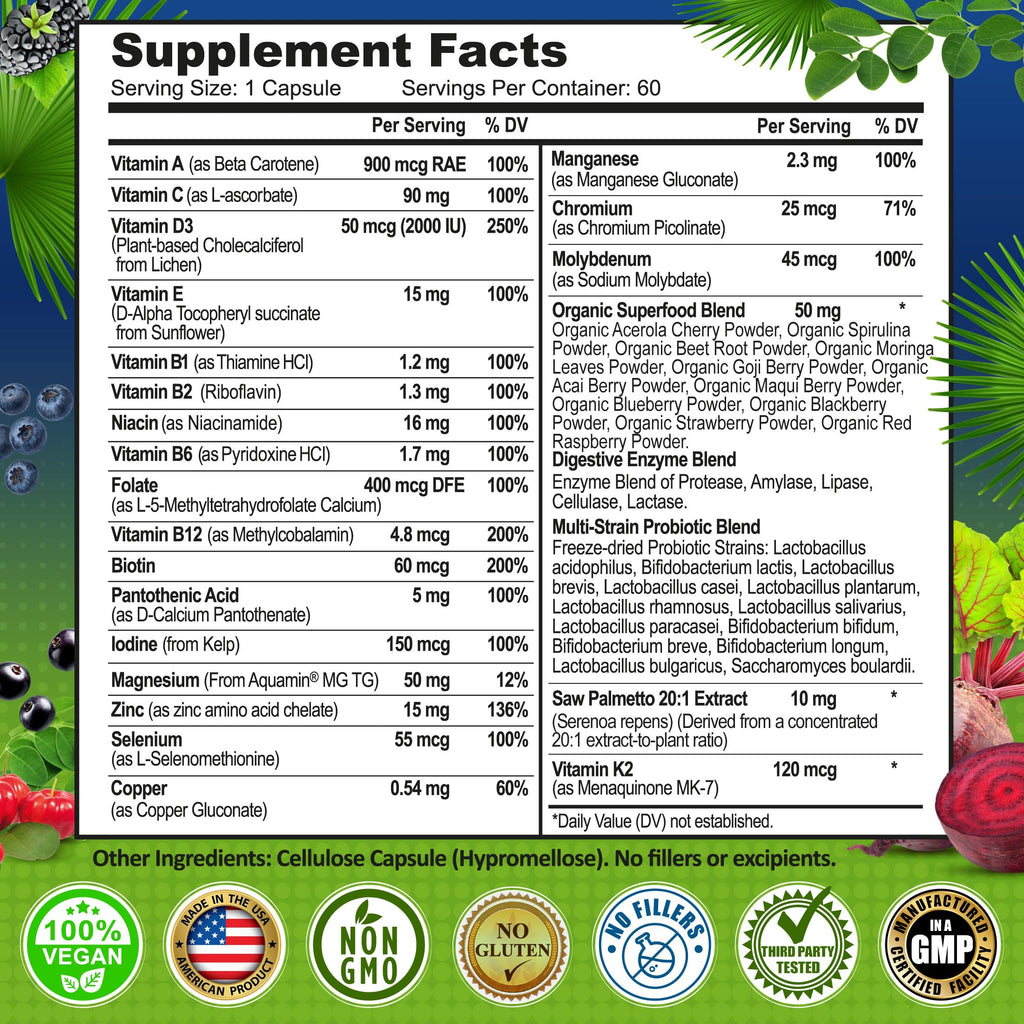 Men's Daily Multivitamin – Vegan Methylated Multivitamin for Men with Saw Palmetto, Biotin, Organic Superfoods, Probiotics & Enzymes – Energy, Gut & Optimal Health Support – Easy to Swallow Capsules