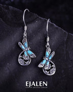 S925 Sterling Silver Turquoise Dragonfly Sunflower /Hummingbird/Butterfly/Cross/Anchor Earring Vintage Bohemian Jewelry Natural Drop/Stud Earrings Birthday Jewelry Gifts for Women (Dragonfly Dangle Earrings)
