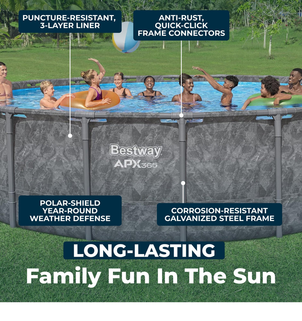 Bestway APX 365 22' x 52" Above Ground Pool, Round Metal Frame Outdoor Swimming Pool Set with Sand Filter Pump, Ladder, and Cover, Dark Marble