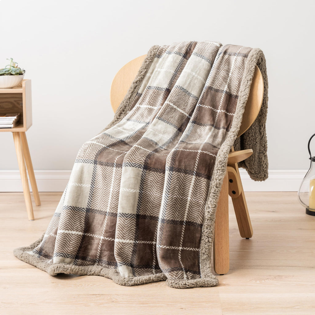 PAVILIA Twin Plaid Sherpa Throw Blanket for Couch Sofa Bed, Taupe, 60x80