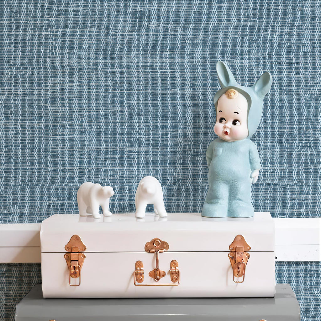 JiffDiff Grasscloth Wallpaper Peel and Stick 1181" x 17.3" Blue Cream Grassweave Stick on Wallpaper Textured Self Adhesive Wall Paper Contact Paper