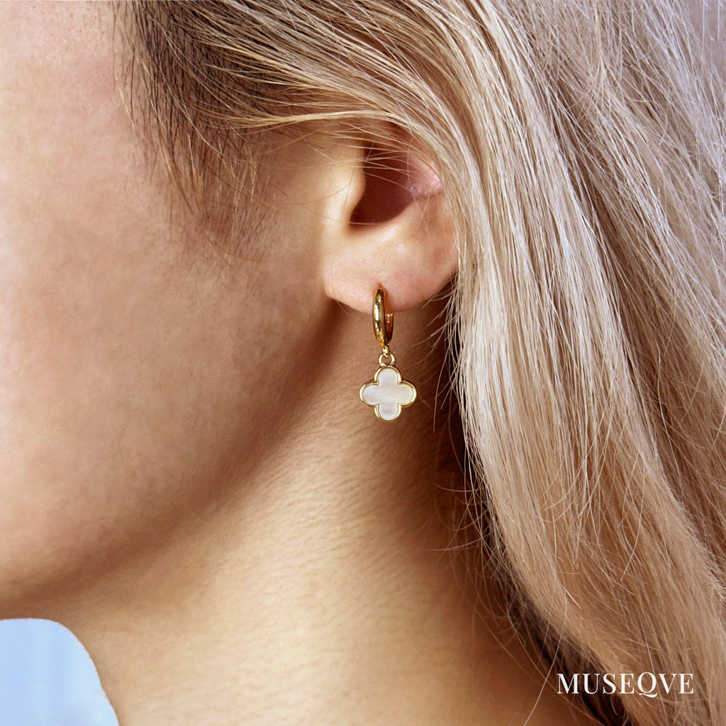MUSEQVE White Four Leaf Clover Earrings for Women 14K Gold Plated Mother of Pearl Lucky Clover Charm Drop Dangle Huggie Hoop Jewelry Gifts [CVRE-WH-G]