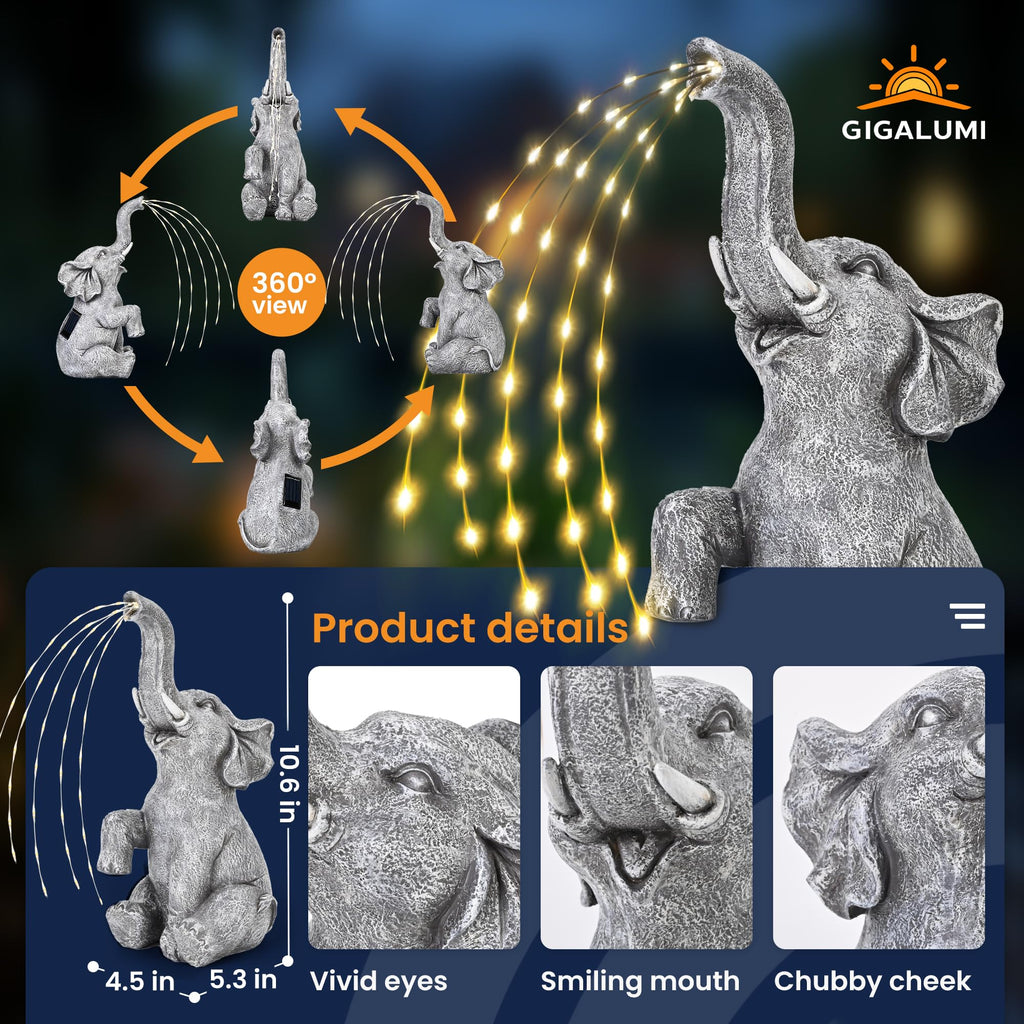 GIGALUMI Elephant Statue Solar Garden Yard Decor Outdoor Gifts for Women