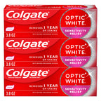 Colgate Optic White Sensitivity Relief Teeth Whitening Toothpaste, 3 Pack, Anticavity Toothpaste for Sensitive Teeth, Fluoride, Enamel Safe, Soothing Mint Flavor, 3.8 OZ