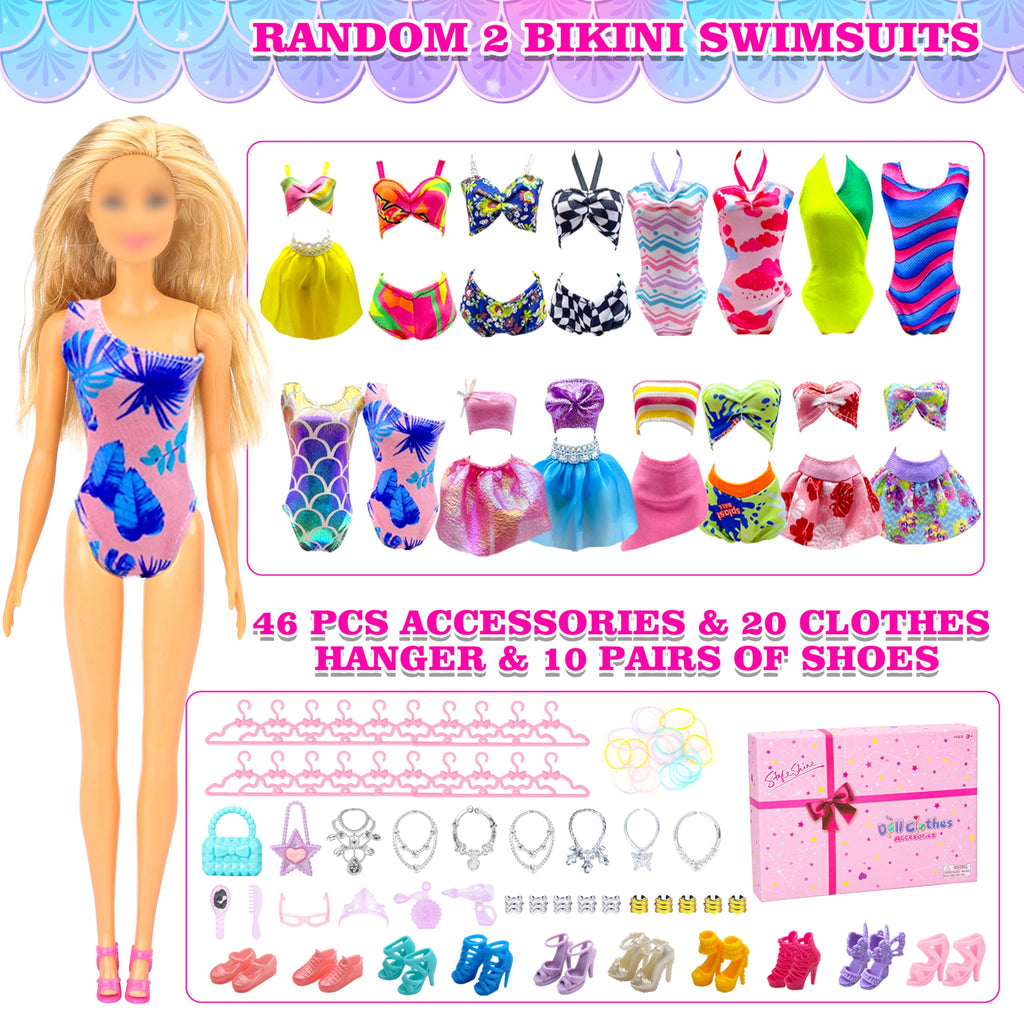 Style Shine 100 Pcs Doll Clothes & Accessories, 4 Wedding Gowns 2 Evening Dresses 6 Fashion Dresses 1 Jumpsuit 5 Tops 5 Pants 2 Swimsuit, 20 Hangers 10 Shoes 46 Accessories Toys for Girl Birthday Gift