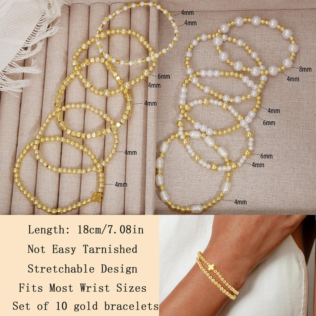 COLOYAN 10PCS Gold Beaded Stretch Bracelets for Women Stack