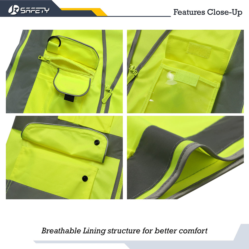 JKSafety 9 Pockets Class 2 High Visibility Zipper Front Safety Vest With Reflective Strips, Yellow Meets ANSI/ISEA Standards (3X-Large-150-Yellow)