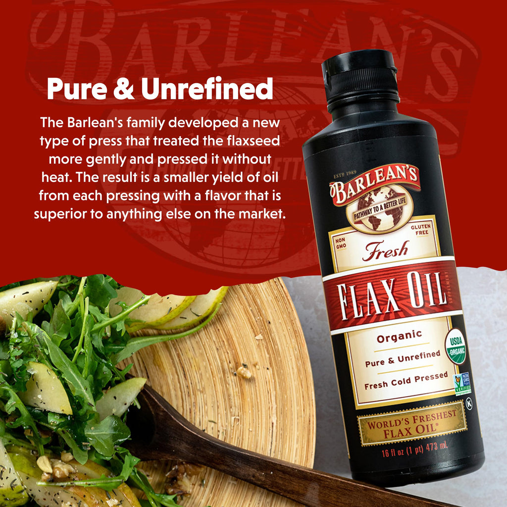 Barlean's Organic Flaxseed Oil Liquid from Fresh Cold Pressed Flax Seeds, 7,640mg ALA Omega 3 Fatty Acid Supplement for Healthy Hair, Skin, and Eyes, Vegan and Gluten Free, 12 oz