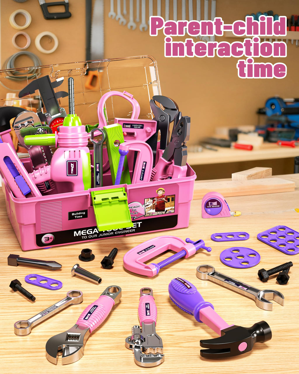 Deejoy Pink Kids Tool Set for Girls-Toddler Tool Set with Electronic Toy Drill & Tool Box, STEM Pretend Play Construction Toys with Costume Vest, Educational Gifts for Age 3 4 5 6 7 Year Old