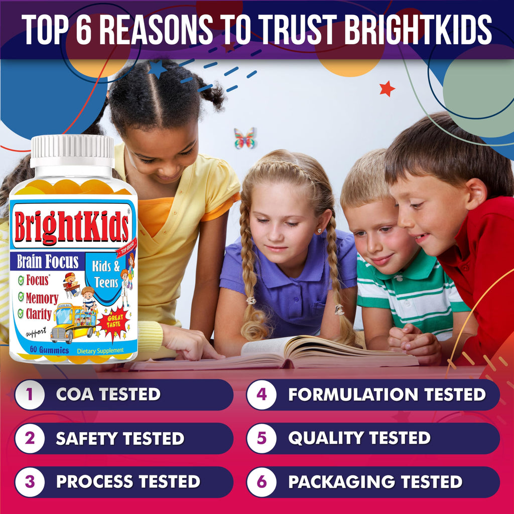 BrightKids Focus Gummies for Kids & Teens – Brain Gummies for Memory and Focus, Omega 3 DHA Brain Vitamins for Kids, Attention & Learning Support Childrens Vitamins, Drug-Free, Made in USA, 60 Count