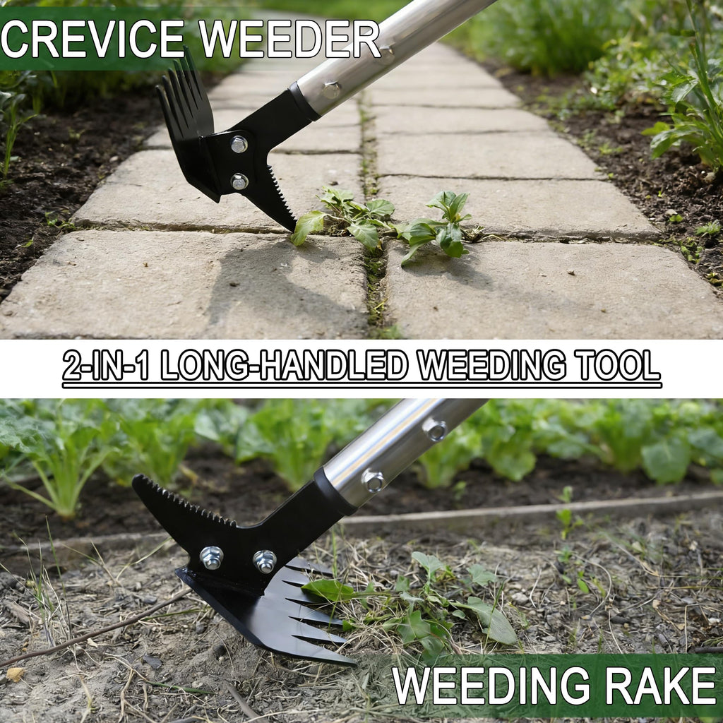 BARAYSTUS Weed Puller 61" Adjustable Long Handle, 2-in-1 Weed Rake & Crack Weeder with Detachable Head, Stainless Steel Weeding Tool for Lawn, Yard, Garden & Sidewalk Cracks, Weed Remover