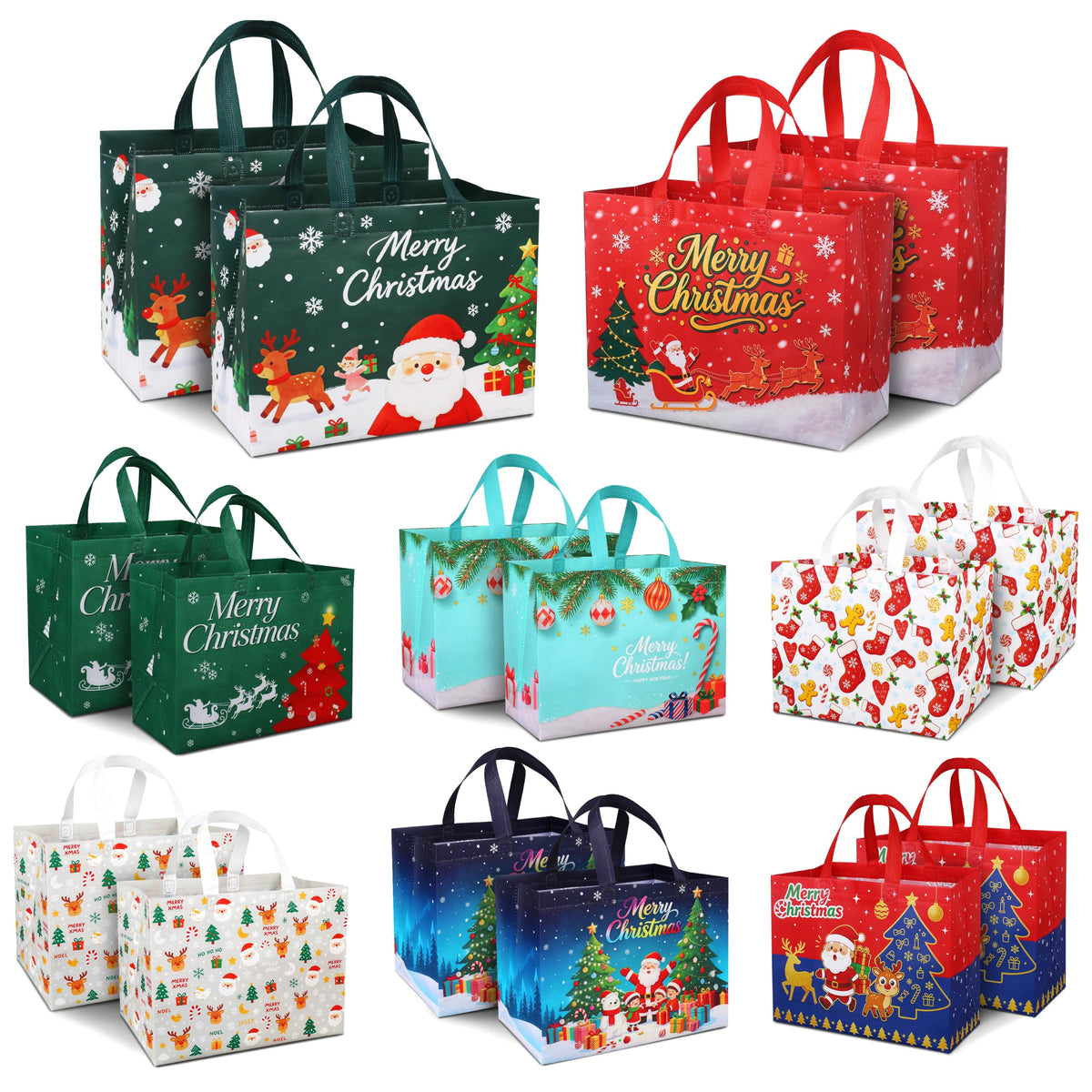 16 Pack Christmas Gift Bags 10.3×4.7×13IN Reusable Tote Bags 8 Designs
