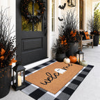 Halloween Door Mat Combo Set, Welcome Ghost Coco Coir Welcome Doormat + 28" x 43" Black and White Plaid Rug, Autumn Halloween Front Porch Entryway Decor Floor Mat