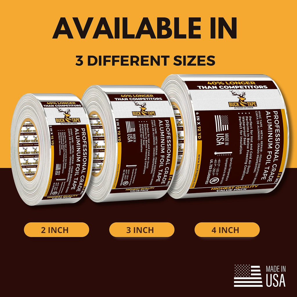 4 Pack Buck Aluminum Foil Tape – 2 Inch x 216ft (72 yd), 3.6 Mil – HVAC Tape for Ductwork, AC, Dryer Vents & Insulation – Silver Foil Tape for Metal Repair, Exhaust Sealing & Air Conditioning