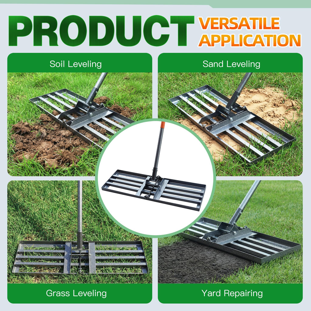 Lawn Leveling Rake 30x10 Inch, 6FT Heavy-Duty Carbon Steel Lawn Leveler – Yard Leveling Rake for Soil, Sand, Grass, Perfect for Lawn Repair, Pit Filling & Garden Maintenance